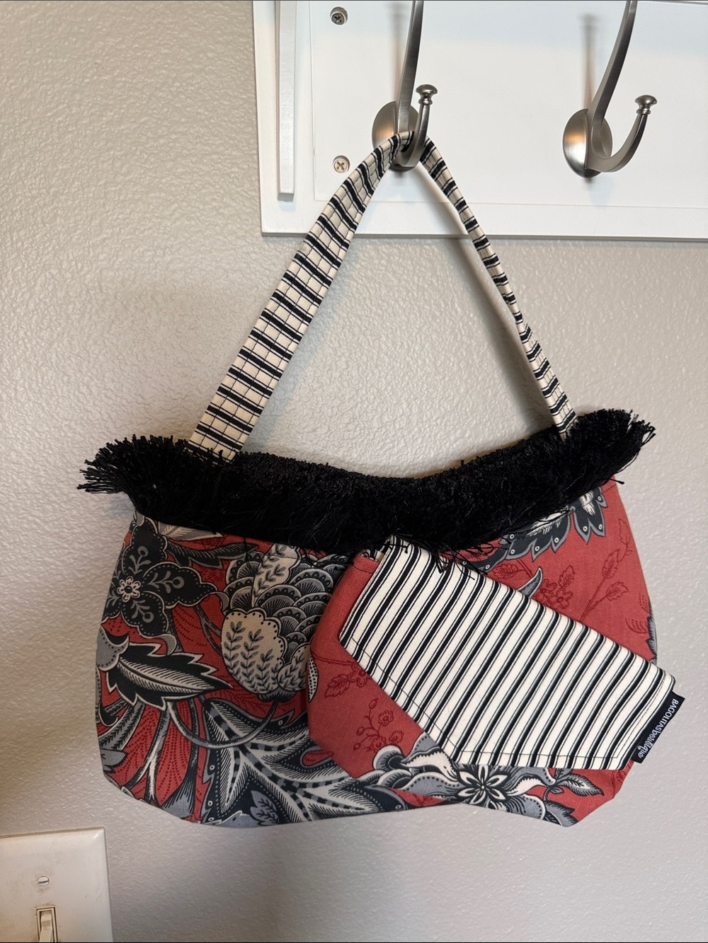 Stylish Red Floral Fringe Shoulder Bag with Striped Accent
